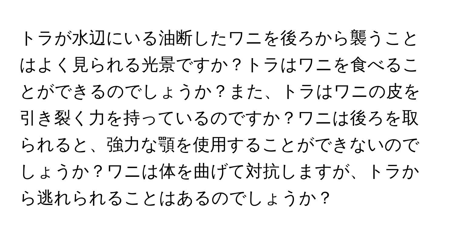 トラが水辺にいる油断したワニを後ろから襲うことはよく見られる光景ですか？トラはワニを食べることができるのでしょうか？また、トラはワニの皮を引き裂く力を持っているのですか？ワニは後ろを取られると、強力な顎を使用することができないのでしょうか？ワニは体を曲げて対抗しますが、トラから逃れられることはあるのでしょうか？