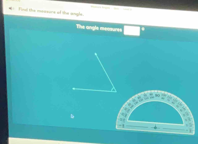 Myassire Ages - Quir - Level D 
Find the measure of the angle. 
The angle measures □°
70
no
60 110 100 90 100
110 1
00
B