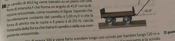 Un carrello di 40,0 kg viene trainato su un píano con una
forza di intensità Fche forma un angolo di 45.0° con la di- vector F
rezione orizzontale, come mostrato in figura. Sapendo che
l'accelerazione costante del carrello è 5.00m/s^2 e che la
forza di attrito tra le ruote e il piano è di 255 N, calcola
l'intensità della forza che traina il carrello e della sua com-
ponente orizzontale.
massa 300 g viene fatto scendere lungo uno scívolo per bambini lungo 1,20 m e (2 punt
azzetto e lo scívolo