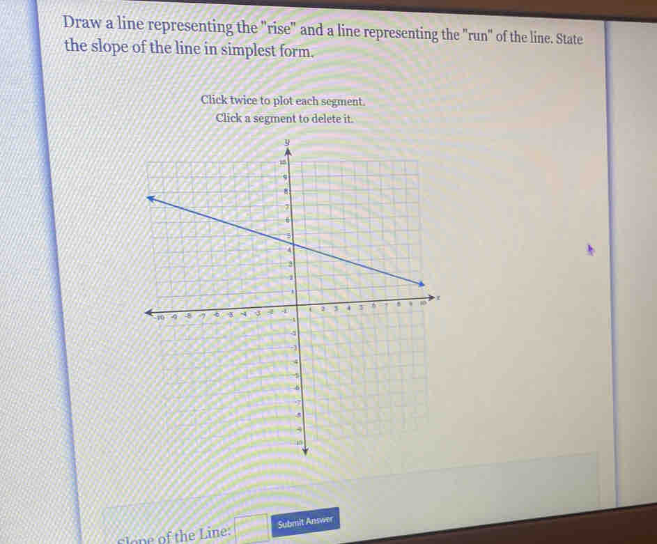 Draw a line representing the "rise" and a line representing the "run" of the line. State 
the slope of the line in simplest form. 
Click twice to plot each segment. 
Click a segment to delete it. 
Slope of the Line: Submit Answer