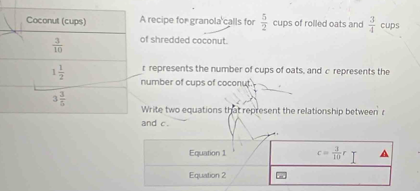 recipe for granola calls for  5/2  cups of rolled oats and  3/4  cups
f shredded coconut.
represents the number of cups of oats, and c represents the
umber of cups of coconut.
rite two equations that represent the relationship between r
nd c.
Equation 1
c= 3/10 r
Equation 2