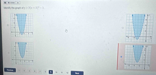 Identify the graph of y>2(x+3)^2-1. 
o 
Previces . 、 10 Ness