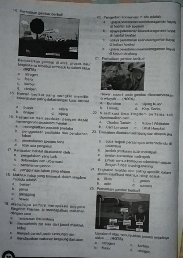 Perha
20. Pengertian konservasi in situ adalah
a. upaya pelestarian keanekaragaman hayas
di habitat asl spesies
b. upaya pelestarian keanekaragaman hays
di habitat buatan
c. upaya pefestarian ksanekaragaman haya
di kebun koleksi
d. upaya pelestarian keanekaragaman haya
di kebun binalang
21. Perhatikan gambar berikut!
sarkan gambar di atas, proses daur
biogeokimia tersebut termasuk ke dalam sikdus
(HOTS)
a. nitrogen
b. fosfor
c. karbon
d. oksigen
15. Hewan berikut yang mungkin memiliki di wilayah Hewan seperti pada gambar dikonservasikan
(HOTS)
kekerabatan paling dekal dengan kuda, kecual a. Bunaken c. Ujung Kulon
a. buaya c. zebra b. Lorentz d. Kep. Seribu
b. onager d. kijang 22. Klasifikasi lima kingdom períama kali
16. Perlanian dan produksi pangan dapal diperkenalkan oleh a. Charles Danwin c. Robert Whittaker
memengaruhi ekosistem melatui
a. meningkatkan populasi predator b. Carl Linnaeus d Emst Haeckal
b. penggunaan pestisida dan perubahan 23. Ekosistem dikatakan selmbang dan dinamis jika
lahan
c. penambahan spesies baru. tidak terjadi persaingan antarindividu di
dalamnya
d. tidak ada pengaruh b. jumlah produsen tidak melimpah
17 Kerusakan habitat disebabkan oleh c. jumlah konsumen melimpah
a. pengelolaan yang baik d. jumlah semua komponen ekosistem sesuai
b. deforestasi dan urbanisasi dengan fungsi masing-masing
c. penanaman pohon 24. Tingkatan terakhir dan paling spesifik dalam
d. penggunaan lahan yang efisien sistem klasifikasi makhluk hidup adalah 
18. Makhluk hidup yang termasuk dalam kingdom b ordo a. filum c. genus
Protisla adaiah d. spesies
a bakteri 25. Perhatikan gambar b
b jamur
c ganggang
d. hewan
19. Manotropa unifora merupakan anggota
Kingdom Plantae, ia mendapatkan makanan
dengan cara
a. mełakukan fotosintesis
b. mensintesis zat sisa dari jasad makhluk
hidup
tas menunjukkan proses terjadinya
c. menjadi parasit pada tumbuhan lain siklus .... (HOTS)
d. mendapatkan makanan langsung dari alam a. nitrogen c. karbon
b. fasfor d. oksigen