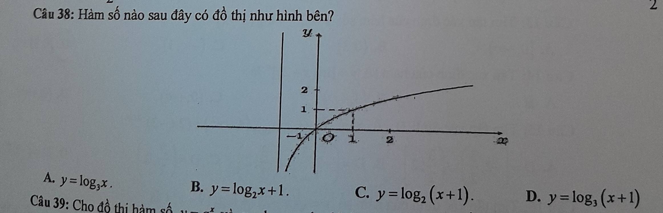 Hàm số nào sau đây có đồ thị như hình bên?
L
A. y=log _3x.
B. y=log _2x+1.
C. y=log _2(x+1). D. y=log _3(x+1)
Câu 39: Cho đồ thị hàm số