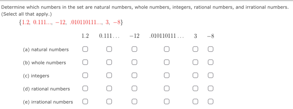 Determine which numbers in the set are natural numbers, whole numbers, integers, rational numbers, and irrational numbers.
(Select all that apply.)
 1.2,0.111...,-12,.010110111...,3,-8
1.2 0.111 . . . -12 .010110111 . . . 3 -8
(a) natural numbers
(b) whole numbers
(c) integers
(d) rational numbers
(e) irrational numbers