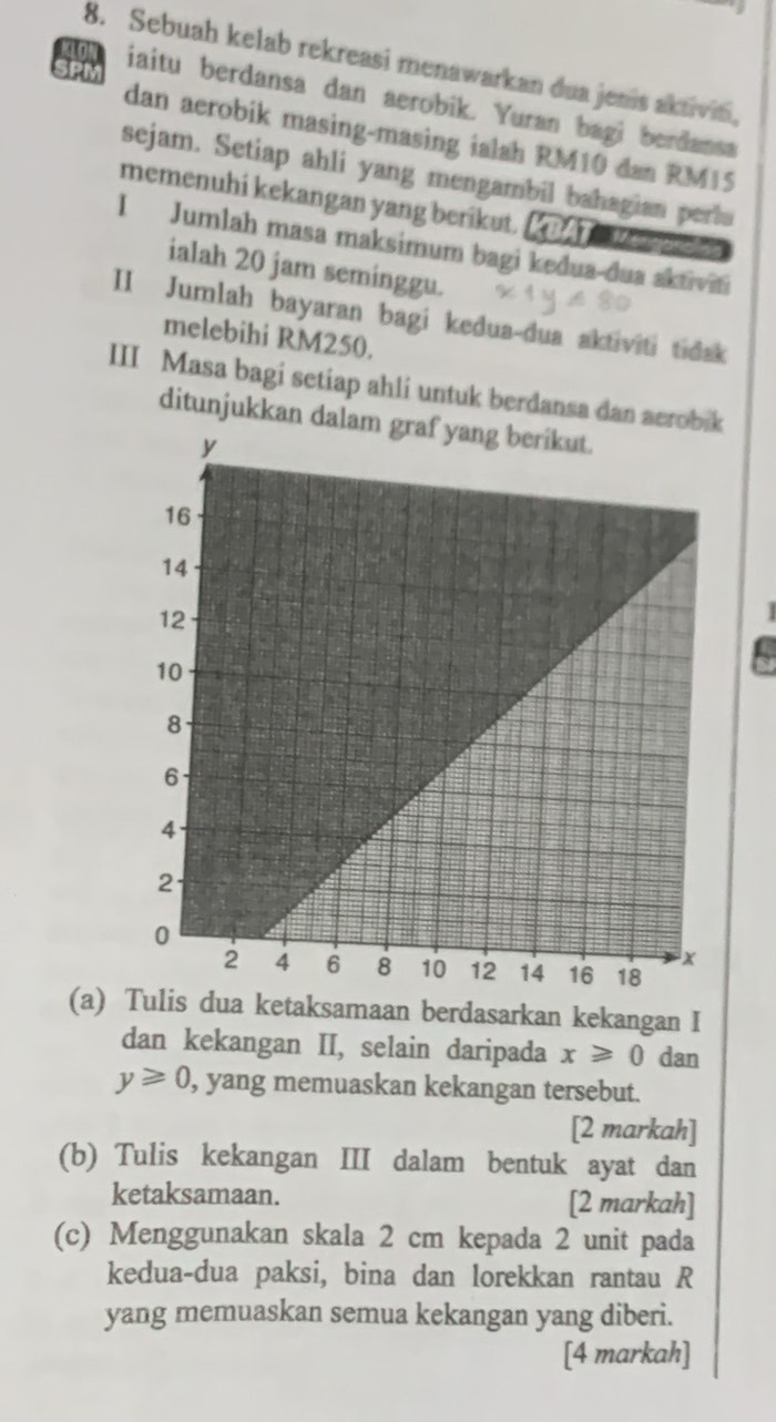 Sebuah kelab rekreasi menawarkan dua jenis aktivin. 
SPM 
iaitu berdansa dan aerobik. Yuran bagi berdansa 
dan aerobik masing-masing ialah RM10 dan RM15
sejam. Setiap ahli yang mengambil bahagian pertu 
memenuhi kekangan yang berikut. KBAT. Mea a 
I Jumlah masa maksimum bagi kedua-dua aktiviti 
ialah 20 jam seminggu. 
II Jumlah bayaran bagi kedua-dua aktiviti tidak 
melebihi RM250. 
III Masa bagi setiap ahli untuk berdansa dan aero 
ditunjukkan dalam graf yang berikut. 
(a) Tulis dua ketaksamaan berdasarkan kekangan I 
dan kekangan II, selain daripada x≥slant 0 dan
y≥slant 0 , yang memuaskan kekangan tersebut. 
[2 markah] 
(b) Tulis kekangan III dalam bentuk ayat dan 
ketaksamaan. [2 markah] 
(c) Menggunakan skala 2 cm kepada 2 unit pada 
kedua-dua paksi, bina dan lorekkan rantau R 
yang memuaskan semua kekangan yang diberi. 
[4 markah]