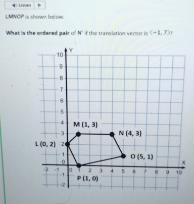 Listen
LMNOP is shown below.
What is the ordered pair of N' if the translation vector is langle -1,7rangle