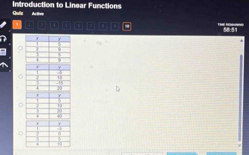 Introduction to Linear Functions 
Quiz Active 
1 1 4 5 6 7 9 10 TIME REMANING 
58:51