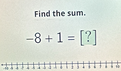 Find the sum.
-8+1=[?]
10