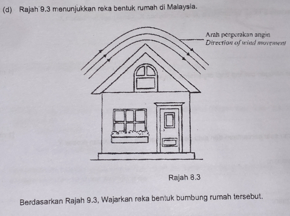 Rajah 9.3 menunjukkan reka bentuk rumah di Malaysia. 
nt 
Berdasarkan Rajah 9.3, Wajarkan reka bentuk bumbung rumah tersebut.