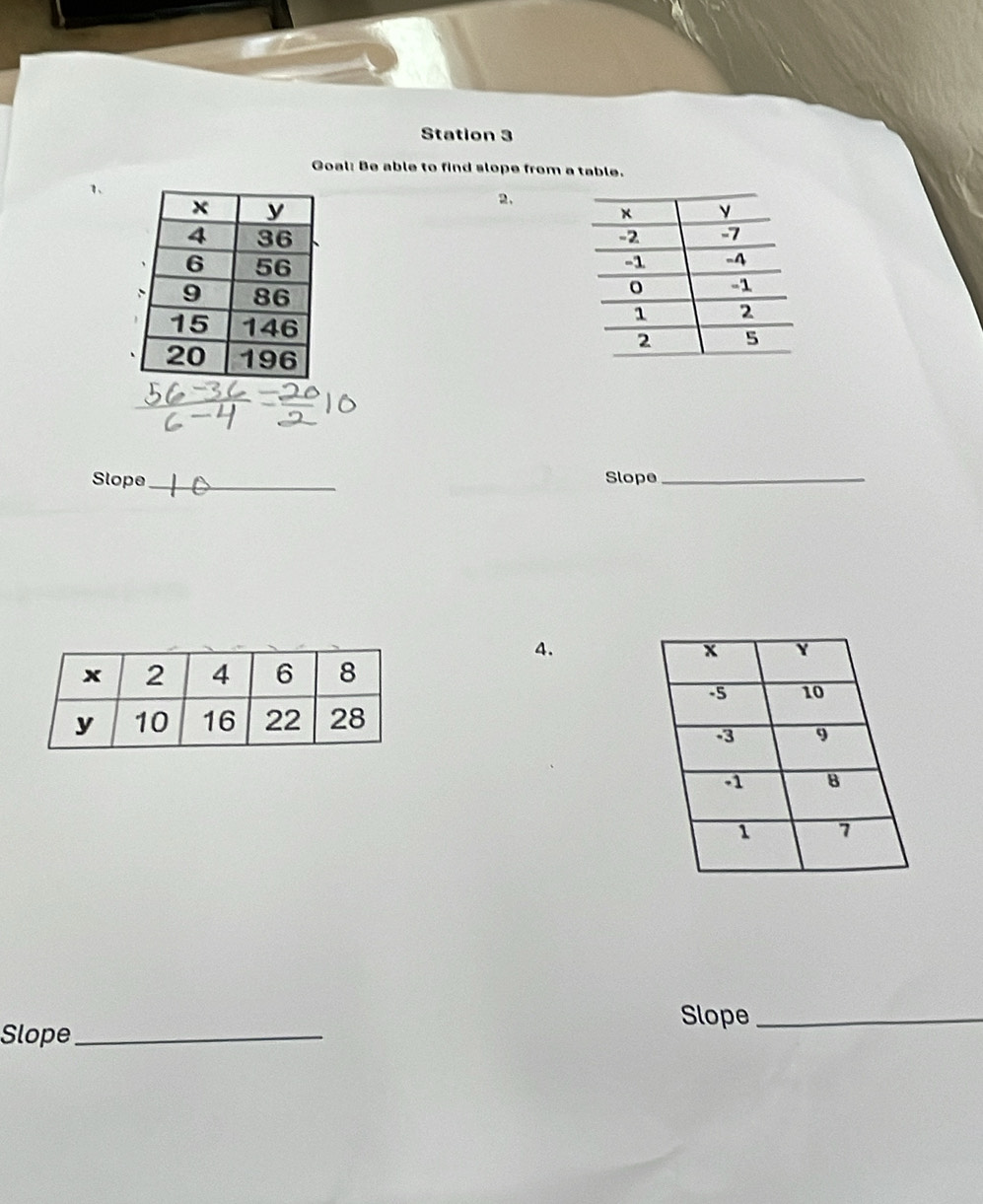 Station 3 
Goal: Be able to find slope from a table. 
1、 
2. 


Slope_ Slope_ 
4. 
Slope_ 
Slope_