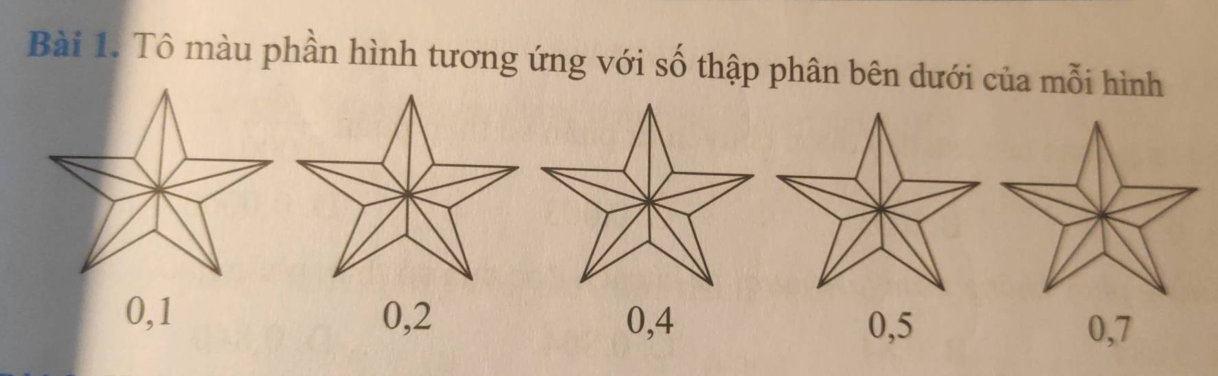 Tô màu phần hình tương ứng với số thập phân bên dưới của mỗi hình
0, 1 0, 2 0, 4
0, 5 0, 7