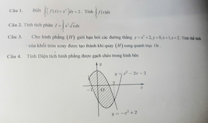 Biết ∈tlimits _0^(1[f(x)+x^3)]dx=2. Tính ∈tlimits _0^(1f(x)dx
Câu 2. Tính tích phân I=∈tlimits _1^9x^3)sqrt(x)dx
Câu 3. Cho hình phẳng (H) giới hạn bởi các đường thẳng y=x^2+2, y=0, x=1, x=2. Tinh thể tích
của khối tròn xoay được tạo thành khi quay (H) xung quanh trục Ox.
Câu 4. Tính Diện tích hình phẳng được gạch chéo trong hình bên
y
y=x^2-2x-2
2
-1
x
y=-x^2+2