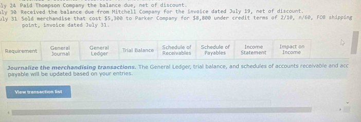 aly 24 Paid Thompson Company the balance due, net of discount. 
uly 30 Received the balance due from Mitchell Company for the invoice dated July 19, net of discount. 
uly 31 Sold merchandise that cost $5,300 to Parker Company for $8,800 under credit terms of 2/10, n/60, FOB shipping 
point, invoice dated July 31. 
Journalize the merchandising transactions. The General Ledger, trial balance, and schedules of accounts receivable and acc 
payable will be updated based on your entries. 
View transaction list