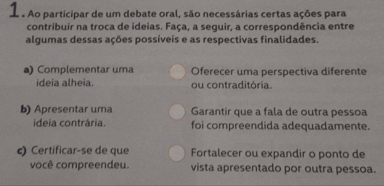 1 . Ao participar de um debate oral, são necessárias certas ações para
contribuir na troca de ideias. Faça, a seguir, a correspondência entre
algumas dessas ações possíveis e as respectivas finalidades.
a) Complementar uma Oferecer uma perspectiva diferente
ideia alheia. ou contraditória.
b) Apresentar uma Garantir que a fala de outra pessoa
ideia contrária. foi compreendida adequadamente.
c) Certificar-se de que Fortalecer ou expandir o ponto de
você compreendeu. vista apresentado por outra pessoa.