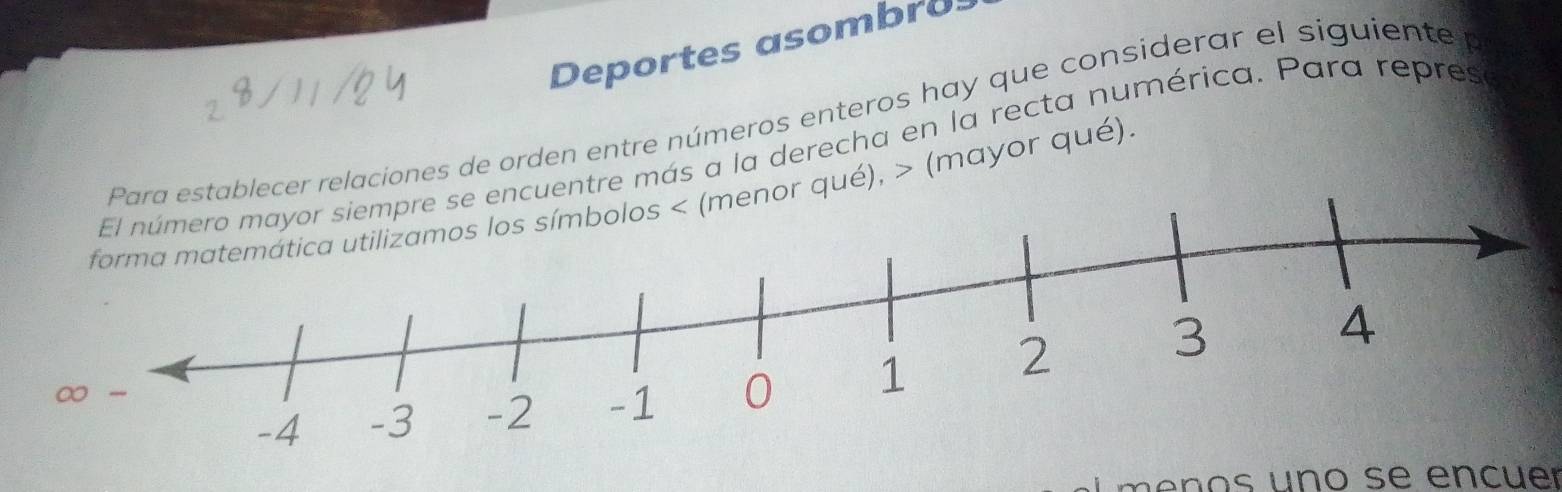 Deportes asombros 
er relaciones de orden entre números enteros hay que considerar el siguiente y 
tre más a la derecha en la recta numérica. Para repres 
qué), > (mayor qué) 
n o o s e en c u er