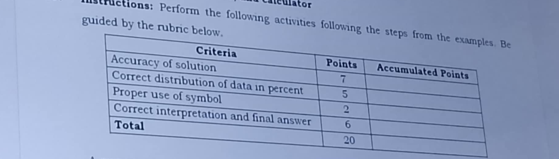 calculator 
ructions: Perform the following activities following 
guided by the rubric