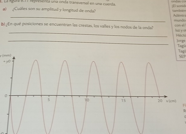 La fgura 6.11 représenta una onda transversal en una cuerda. 
¡El sonid 
a) ¿Cuáles son su amplitud y longitud de onda? también 
_Adéntra 
mundo 
b) ¿En qué posiciones se encuentran las crestas, los valles y los nodos de la onda? con el 
_ 
luz y ot 
Hécto 
_Jorge 
Tagū 
Tagū 
y (mm)SEP 
+ 
Fi 
R 
n