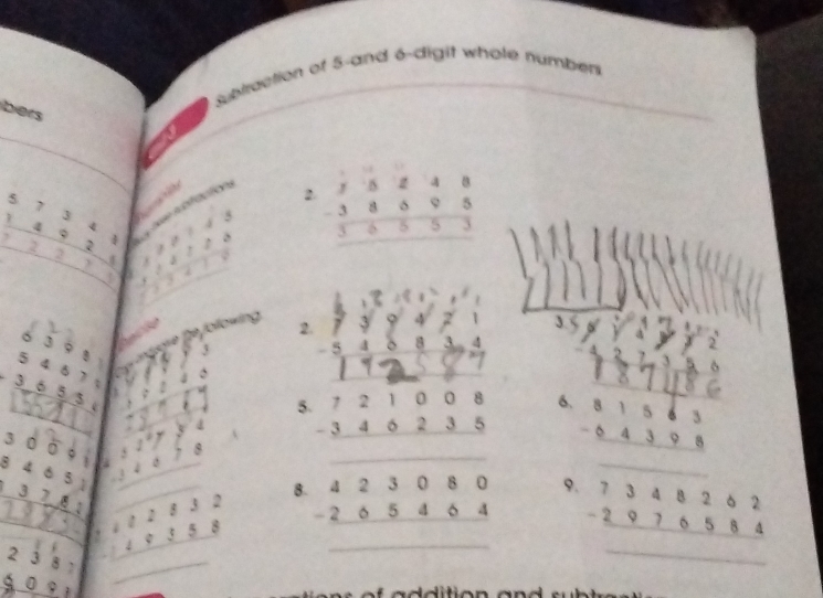 Sublrection of 5 -and 6 -digit whole numben 
bers 

2 beginarrayr $beginarrayr 55248 -38095 hline 35553 hline endarray
beginarrayr 57341 1492 hline endarray ()frac 1) 
2. 
V ollowing frac -3 | 
2 
sqrt() 
□  
6, 
5. beginarrayr 721008 -346235 hline endarray beginarrayr 81563 -64398 hline endarray
 1/2 
09 beginarrayr 127y54 12 _ 2,0>078 hline endarray  8
beginarrayr 0&0&5=6&37&4&7&8 hline endarray _ beginarrayr 122532 +49358 hline endarray __ beginarrayr 423080 -205464 hline endarray __ beginarrayr 7348262 -2976584 hline endarray ___ 
9. 
_ beginarrayr 238 609 hline endarray