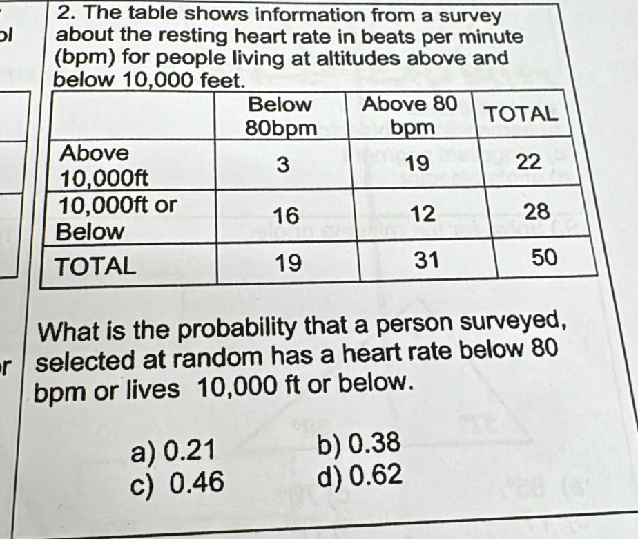 The table shows information from a survey
ɔl about the resting heart rate in beats per minute
(bpm) for people living at altitudes above and
below 10,000 feet.
What is the probability that a person surveyed,
r selected at random has a heart rate below 80
bpm or lives 10,000 ft or below.
a) 0.21 b) 0.38
c) 0.46 d) 0.62