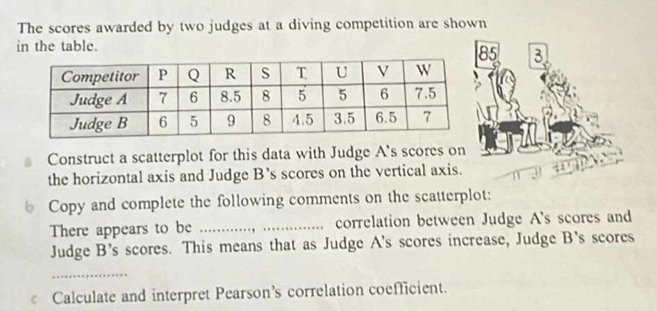 The scores awarded by two judges at a diving competition are shown 
in the table.
5 3
Construct a scatterplot for this data with Judge A's scores on 
the horizontal axis and Judge B’s scores on the vertical axis. 
Copy and complete the following comments on the scatterplot: 
There appears to be ... ... ..….... correlation between Judge A's scores and 
Judge B’s scores. This means that as Judge A's scores increase, Judge B’s scores 
_ 
C Calculate and interpret Pearson’s correlation coefficient.