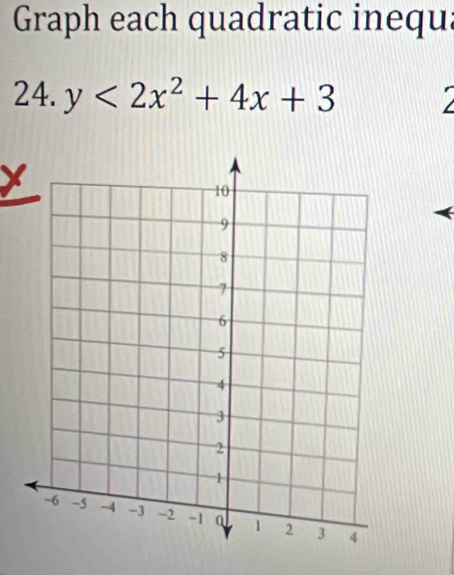 Graph each quadratic inequa 
24. y<2x^2+4x+3