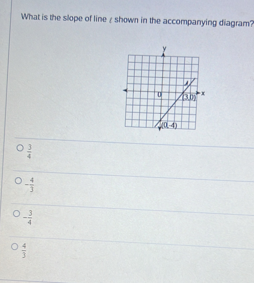 What is the slope of lineshown in the accompanying diagram?
 3/4 
- 4/3 
- 3/4 
 4/3 