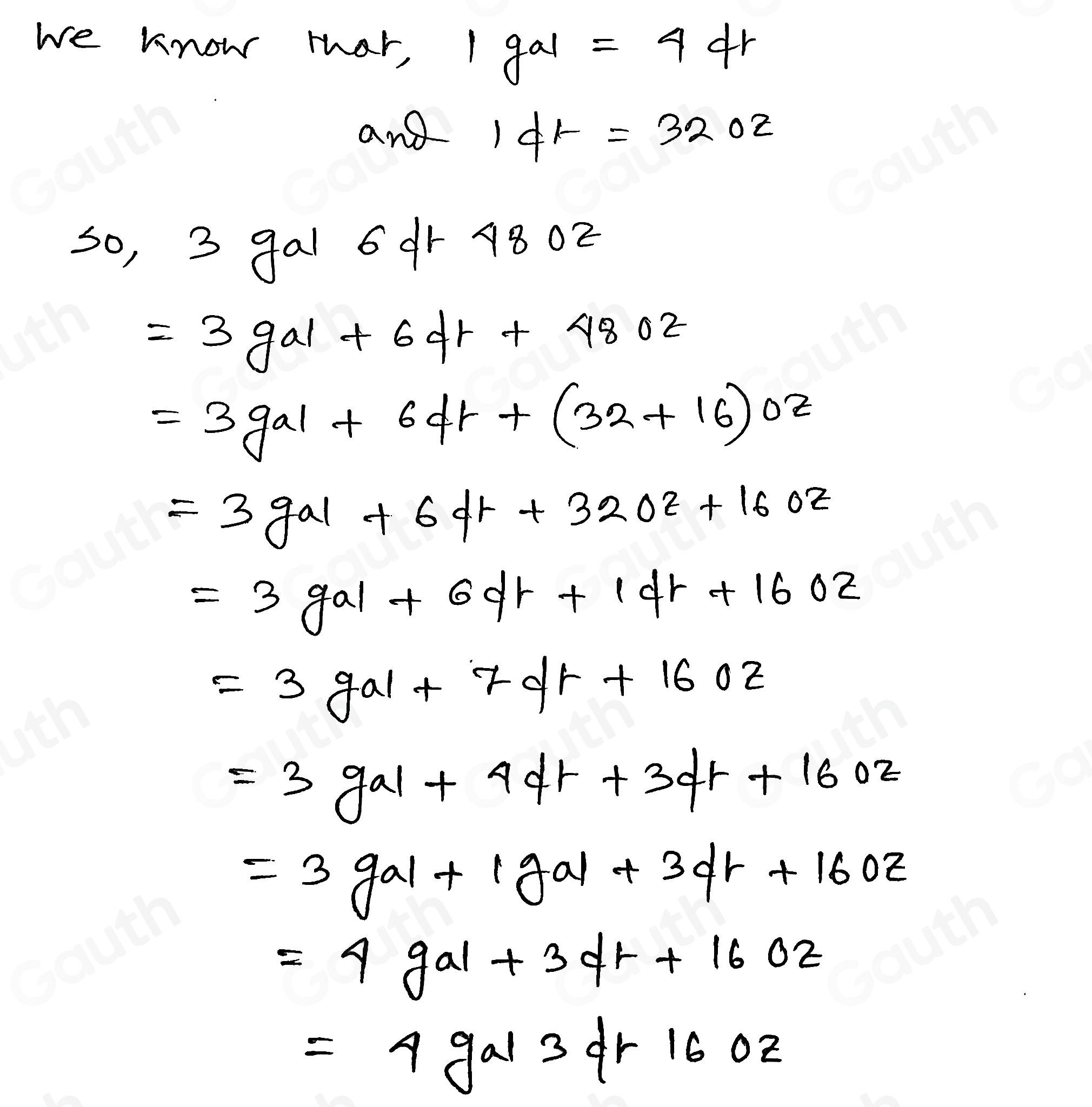 Solved: Express the measure in standard notation. 3 gal 6 qt 48 oz The ...