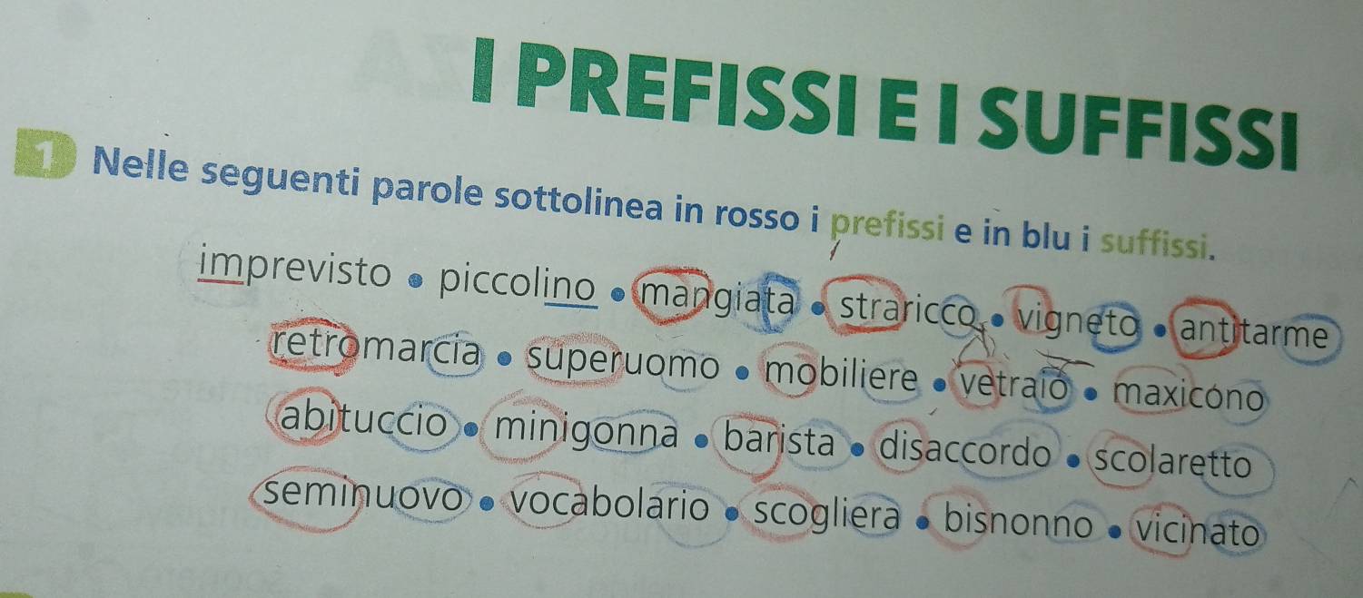 PREFISSI E I SUFFISSI
Nelle seguenti parole sottolinea in rosso i prefissi e in blu i suffissi.
imprevisto • piccolino • mangiata • straricco • vigneto • antitarme
retromarcia • superuomo • mobiliere • vetraio • maxicóno
abituccio • minigonna • barista • disaccordo •scolaretto
seminuovo • vocabolario • scogliera • bisnonno • vicinato