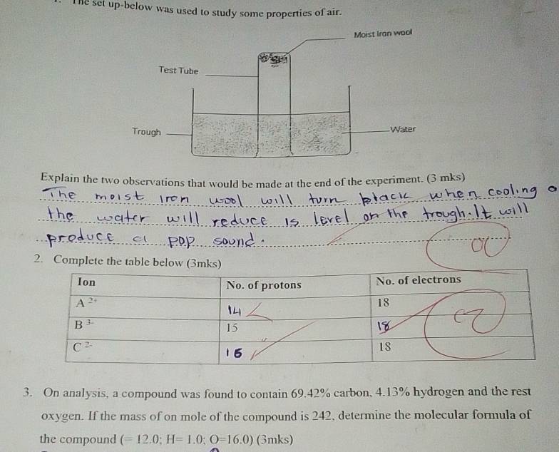 The sel up-below was used to study some properties of air.
Explain the two observations that would be made at the end of the experiment. (3 mks)
2. Complete the table below (3mks)
3. On analysis, a compound was found to contain 69.42% carbon, 4.13% hydrogen and the rest
oxygen. If the mass of on mole of the compound is 242, determine the molecular formula of
the compound (=12.0;H=1.0;O=16.0) (3mks)