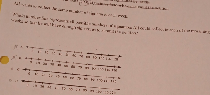 guatures he needs . 
l least 1,000 signatures before he can submit the petition . 
Ali wants to collect the same number of signatures each week. 
Which number line represents all possible numbers of signatures Ali could collect in each of the remaining 
weeks so that he will have enough signatures to submit the petition?
100
120