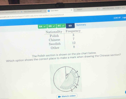 ai One ) Enarning plattum x https, hwesparsm aths ok# Spore Muths ChatGPT what is the median - Google 5: x 
animaths.uk/vivdest/packags/w1534f59 ma5a-4)10-93d9-6a194d312dee/task/6/ltem/4 
3,140 XP Logi 
BA 6B 6C 6D Summary 
The Polish section is shown on the pie chart below. 
Which option shows the correct place to make a mark when drawing the Chinese section? 
Watch video