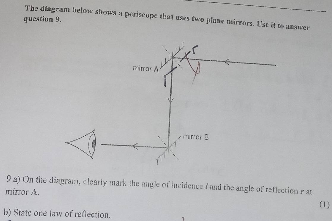 The diagram below shows a periscope that uses two plane mirrors. Use it to answer 
question 9. 
9 a) On the diagram, clearly mark the angle of incidence 7 and the angle of reflection s at 
mirror A. 
(1) 
b) State one law of reflection.