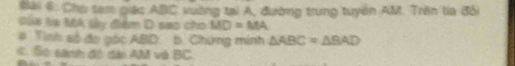 Bải 6: Cho tam giác ABC xuờng tại A, đường trung tuyển AM. Trần ta đổi 
Gủa ta MA ly điểm D sao cho MD=MA
# Tinh số đo gọc ABD 5. Chứng minh △ ABC=△ BAD
c. So tanh đó cại Alã và BC