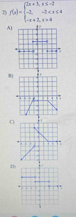 f(x)=beginarrayl 2x+3,x≤ -2 -2,-2 4endarray.
A) 
B 
C) 
D