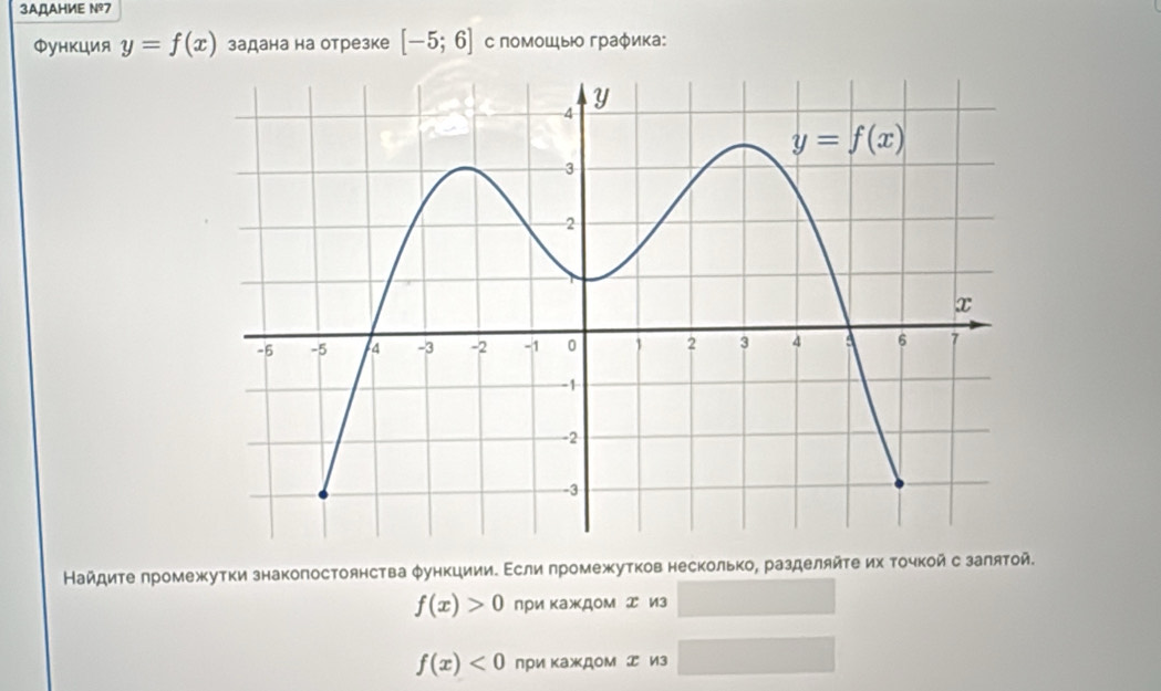 3AДAHИE Nº7
Φункция y=f(x) задана на отрезке [-5;6] с помошыю граφика:
Найдите πромежутки знаколостоянства φункциии. Εсли πромежутков несколько, разделяйτе их τочкой с залятой.
f(x)>0 при каждом  из
f(x)<0</tex> при κаждом エ из