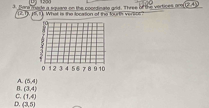 1200
3. Sara made a square on the coordinate grid. Three of the vertices are (2,4)
(2,1),(5,1). What is the location of the fourth vertice?
A. (5,4)
B. (3,4)
C. (1,4)
D. (3,5)