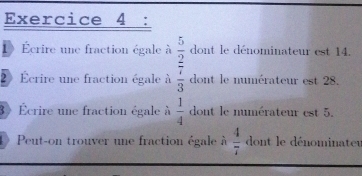 1 Écrire une fraction égale à  5/2  dont le dénominateur est 14. 
2 Écrire une fraction égale à  7/3  dont le numérateur est 28. 
3) Écrire une fraction égale à  1/4  dont le numérateur est 5. 
1 Peut-on trouver une fraction égale à  4/7  dont le dénominater