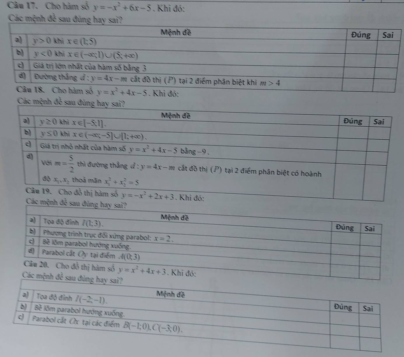 Cho hàm số y=-x^2+6x-5. Khi đó:
Các mệnh đề sau đúng hay sai?
Các mệnh đề sau đúng hay sai?