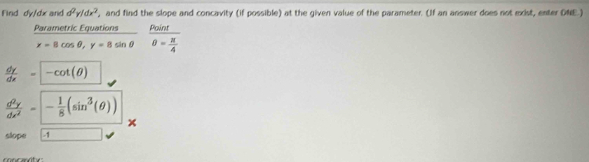 Find dy/dx and d^2y/dx^2 , and find the slope and concavity (if possible) at the given value of the parameter. (If an answer does not exist, enter DNE.) 
Parametric Equations Point
x=8cos θ , y=8sin θ θ = π /4 
 dy/dx =-cot (θ )
 d^2y/dx^2 =- 1/8 (sin^3(θ ))
slope -1