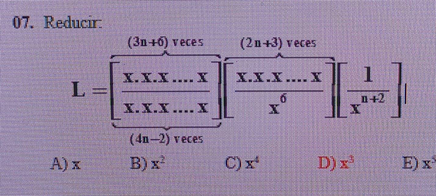 Reducir:
T:beginarrayr Tinters Tinterendarray
:14°:15°:7°:6
I=[frac x_1)^100V[frac x_01,sqrt(3))^2][frac x_1x_2.x_1+1[ 2/x^6 ][ 1/x^4 ]
(4n-2) veces
A) x B) x^2 C) x^4 D) x^3 E) x°