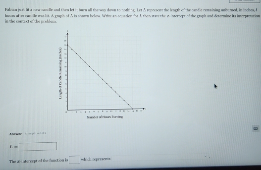 Fabian just lit a new candle and then let it burn all the way down to nothing. Let L represent the length of the candle remaining unburned, in inches, f
hours after candle was lit. A graph of L is shown below. Write an equation for L then state the 2 -intercept of the graph and determine its interpretation 
in the context of the problem. 
Number of Hours Burning; 
Atterwe attegtt out of s
L=□
The x-intercept of the function is □ which represents