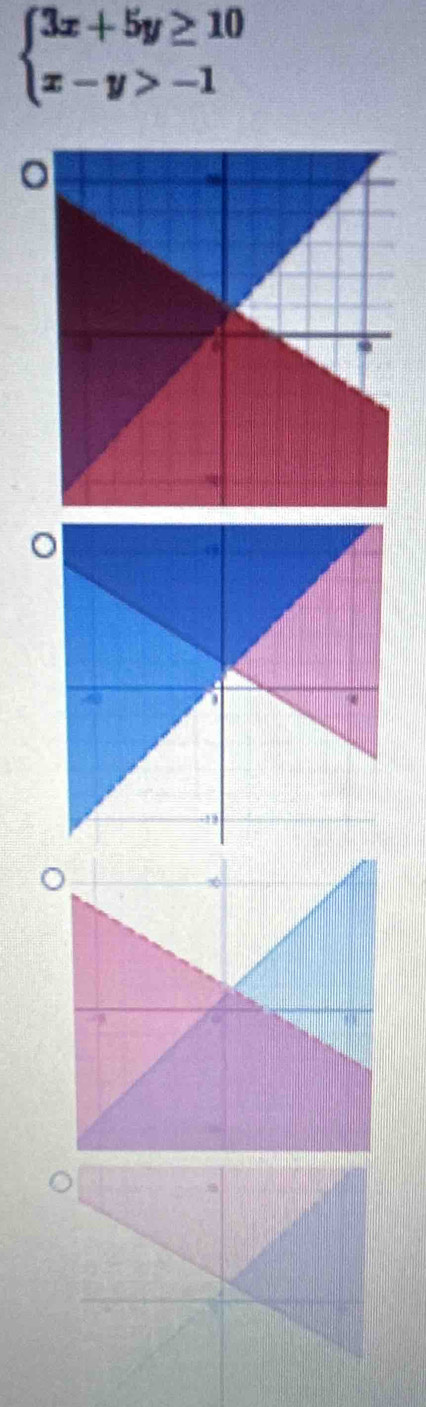 beginarrayl 3x+5y≥ 10 x-y>-1endarray.
o 
。 
。