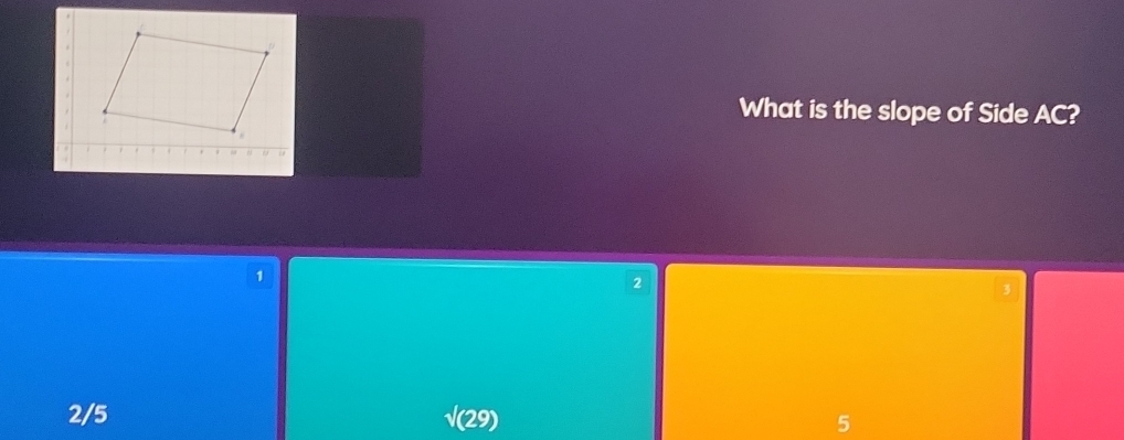 What is the slope of Side AC?
2
2/5
√(29) 5
