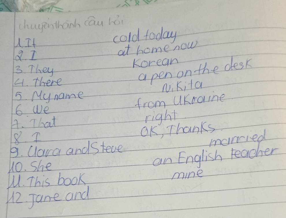 chugenthanh cāu héi 
If cold today 
a. I at home now 
Korean 
3. They 
4. There 
a pen on the desk 
Niki ta 
5. My name 
6 we 
from UKraine 
A. That 
right 
8. I 
OK, Thanks 
marcied 
9. Cara andSteve 
10. She 
an English teacher 
W. This book 
mine 
12. Jane and