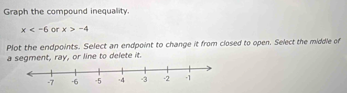 Graph the compound inequality.
x or x>-4
Plot the endpoints. Select an endpoint to change it from closed to open. Select the middle of 
a segment, ray, or line to delete it.