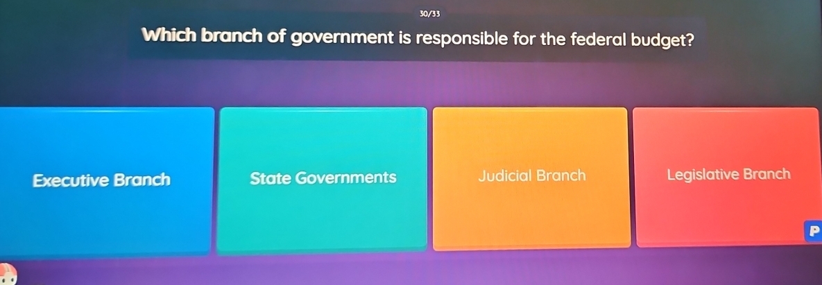 30/33
Which branch of government is responsible for the federal budget?
Executive Branch State Governments Judicial Branch Legislative Branch