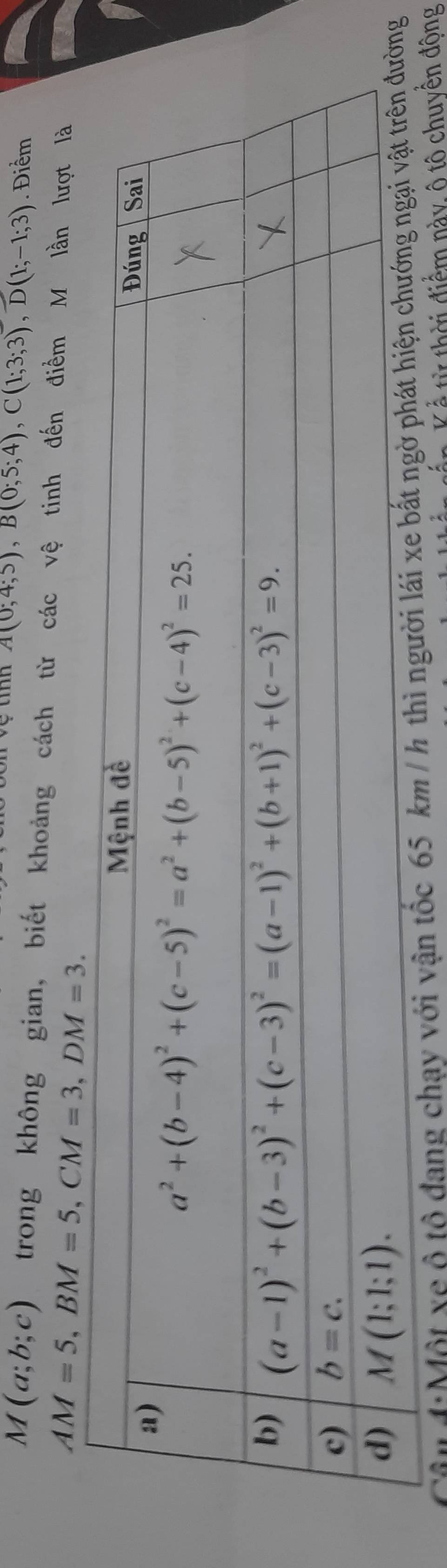 A(0;4;5),B(0;5;4),C(1;3;3),D(1;-1;3). Điểm
M(a;b;c) trong không gian, biết khoảng cách từ các vệ tinh đến điểm M lần lượt là
AM=5,BM=5,CM=3,DM=3.
ận4:Một xe ộ tộ đang chạ
X ề từ thời điểm này, ô tô chuyến đông