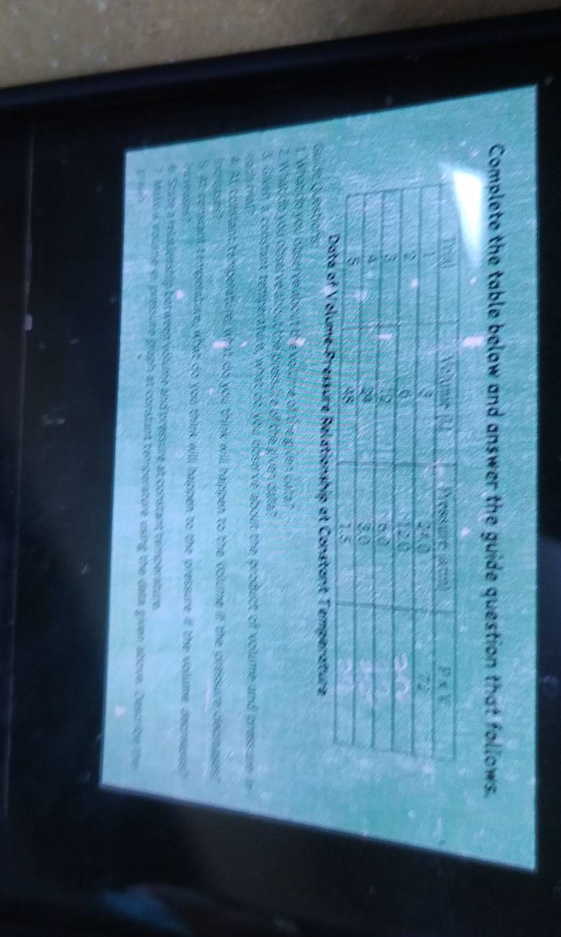 Complete the table below and answer the guide question that follows.
ionship at Constant Temperature
Guide Questians
``  what do you observe about th a volt me of the given cat ?
_ What da you observe about the pressure of the given data ?
3. Given a constant temperature, what do you observe about the product of volume and press une in
caca trial 
4. As constant temperature, what do you think will happen to the volume if the pressure deceases"
increases?
5. At consank te perature, what do you think will happen to the pressure if the volume decreasss"
icreases ?
6. State a reladenship between volume and pressure at constant temperature.
7 Maso a volume ys pressure graph at constant temperature using the data given above. Describe the
pagh .