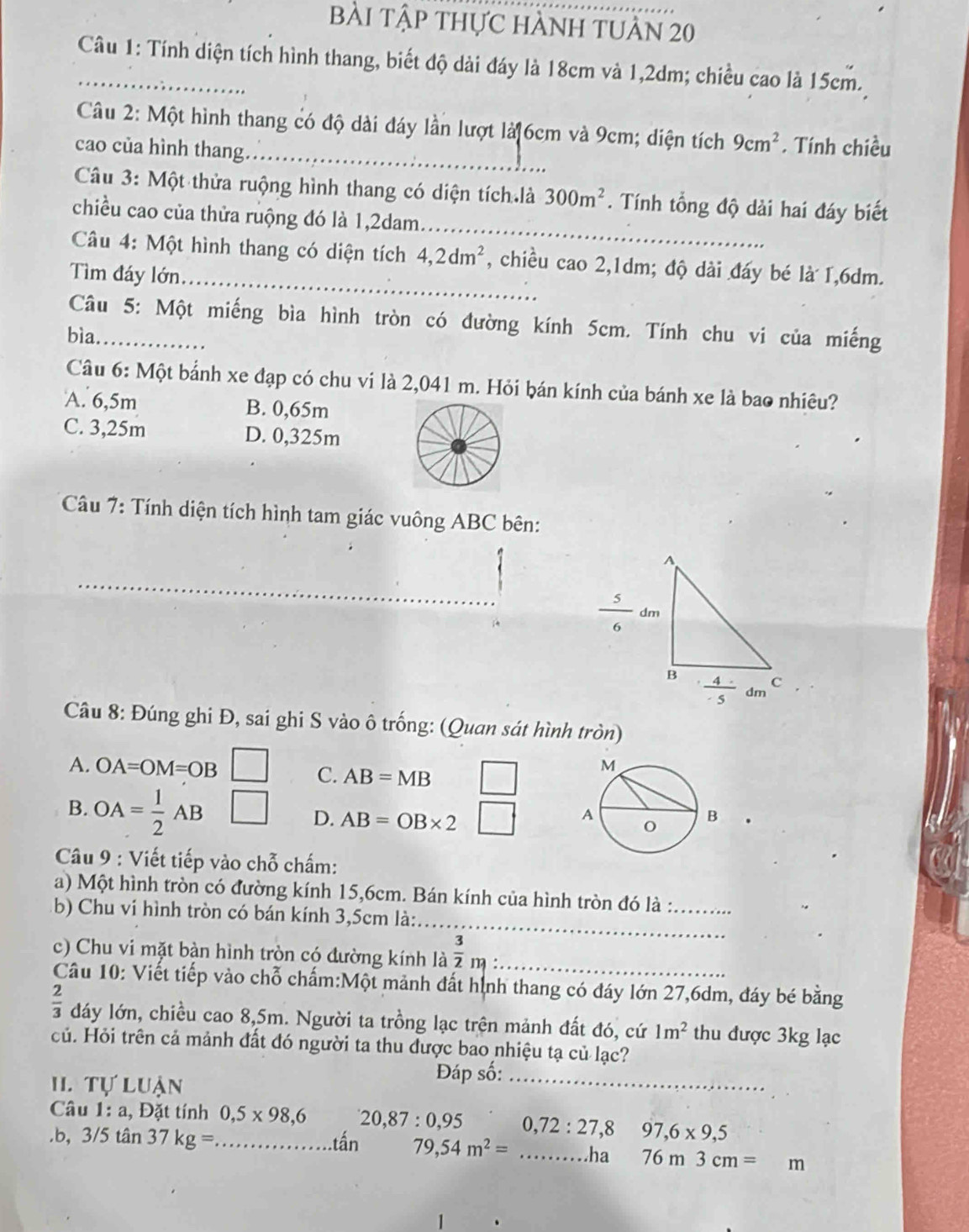 bài Tập thực hÀNH tUÀn 20
_ Câu 1: Tính diện tích hình thang, biết độ dài đáy là 18cm và 1,2dm; chiều cao là 15cm.
Câu 2: Một hình thang có độ dài đáy lần lượt là 6cm và 9cm; diện tích 9cm^2. Tính chiều
cao của hình thang._
_
Câu 3: Một thửa ruộng hình thang có diện tích là 300m^2. Tính tổng độ dài hai đáy biết
chiều cao của thửa ruộng đó là 1,2dam...
Câu 4: Một hình thang có diện tích 4,2dm^2 , chiều cao 2,1dm; độ dài đáy bé là 1,6dm.
Tìm đáy lớn._
Câu 5: Một miếng bìa hình tròn có đường kính 5cm. Tính chu vi của miếng
bìa._
Câu 6: Một bảnh xe đạp có chu vi là 2,041 m. Hỏi bán kính của bánh xe là bao nhiêu?
A. 6,5m B. 0,65m
C. 3,25m D. 0,325m
Câu 7: Tính diện tích hình tam giác vuông ABC bên:
Câu 8: Đúng ghi Đ, sai ghi S vào ô trống: (Quan sát hình tròn)
A. OA=OM=OB
C. AB=MB
B. OA= 1/2 AB
D. AB=OB* 2
* Câu 9 : Viết tiếp vào chỗ chấm:
_
a) Một hình tròn có đường kính 15,6cm. Bán kính của hình tròn đó là :_
b) Chu vi hình tròn có bán kính 3,5cm là:
c) Chu vi mặt bàn hình tròn có đường kính là  3/2 mm_1 _
Câu 10: Viết tiếp vào chỗ chấm:Một mảnh đất hình thang có đáy lớn 27,6dm, đáy bé bằng
 2/3  dáy lớn, chiều cao 8,5m. Người ta trồng lạc trên mảnh đất đó, cứ 1m^2 thu được 3kg lạc
củ. Hỏi trên cả mảnh đất đó người ta thu được bao nhiệu tạ củ lạc?
H. Tự luận
Đáp số:_
Câu 1: a, Đặt tính 0,5* 98,6 20,87:0,95 0,72:27,8 97,6* 9,5.b, 3/5tan 37kg= _ tấn 79,54m^2= _ha 76m3cm= m